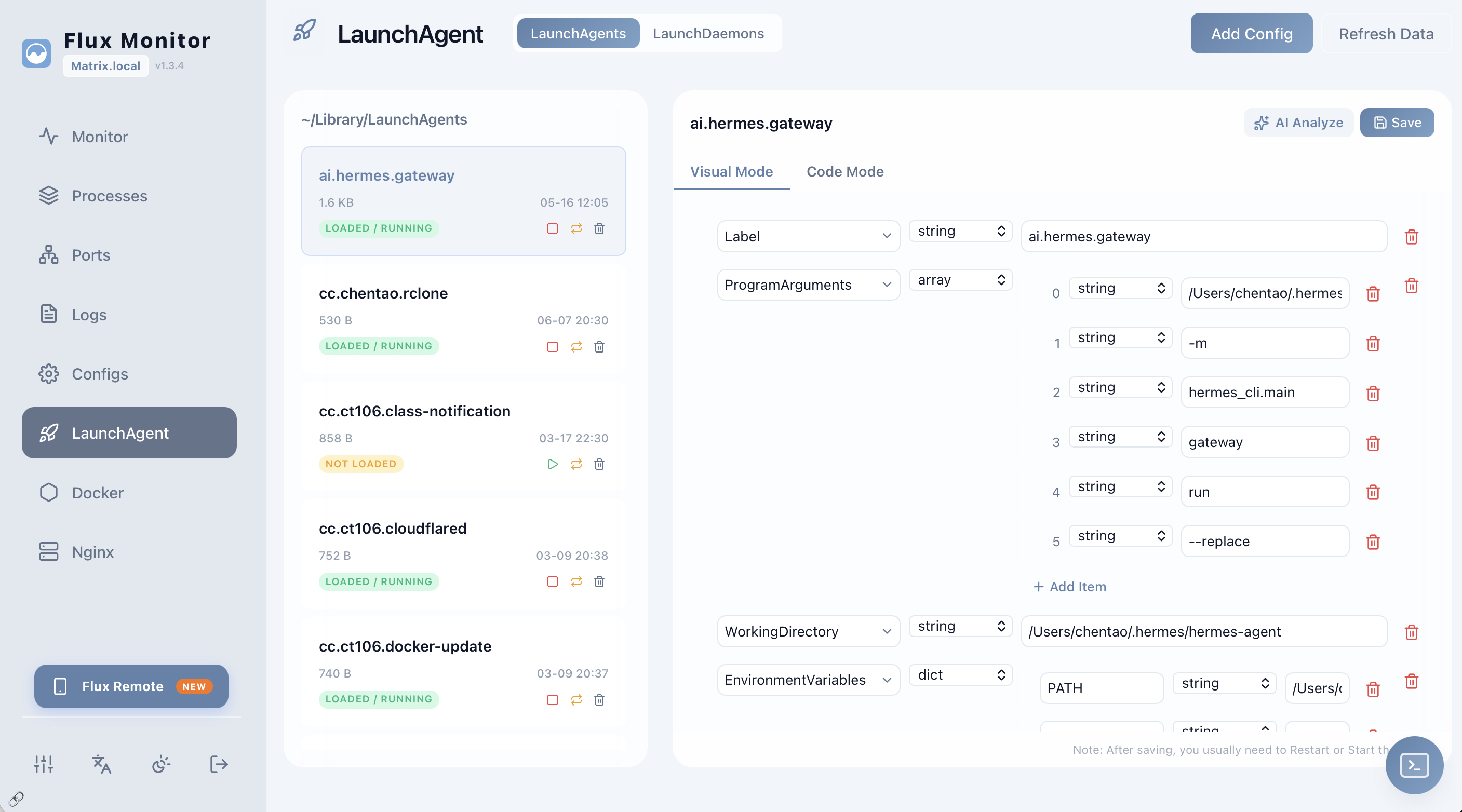 Flux LaunchAgent view